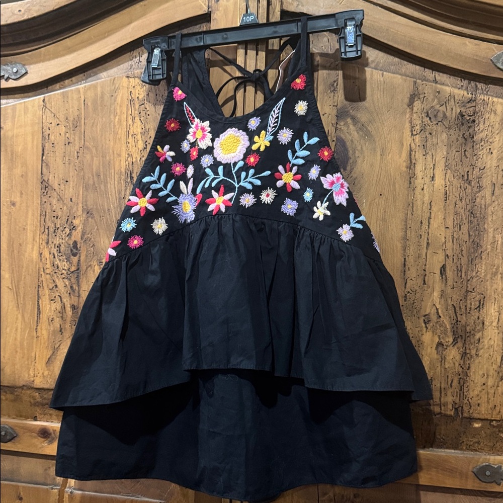 Floral Embroidered Black Halter Top